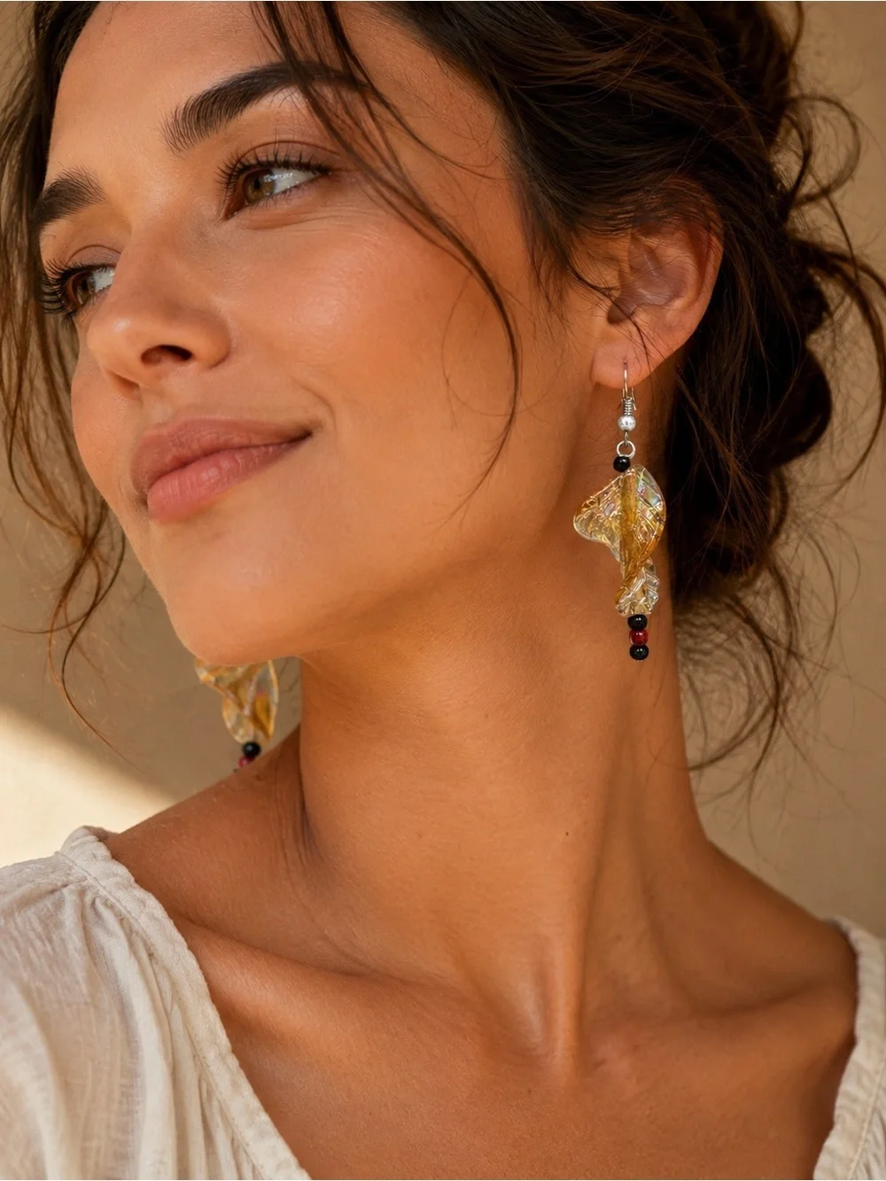 Handcrafted Amber Leaf Glass Dangle Earrings Black Red Bead Artisan Boho